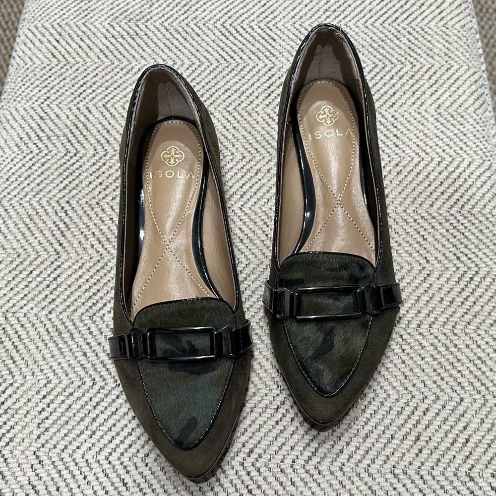 Isola Suede Green and Black Loafers, size 6.5